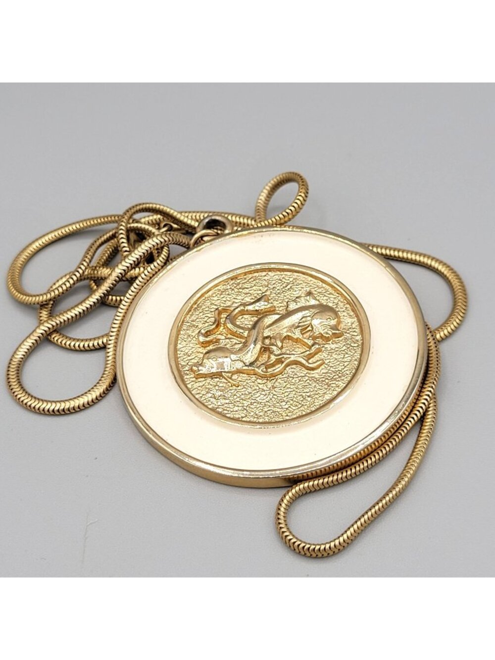 Pisces Zodiac Reversible Pendant Necklace White Enamel Snake Chain 24" Vintage